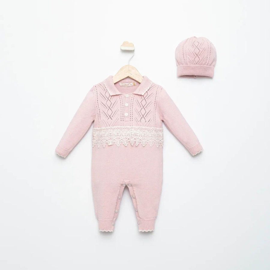 Baby Girls Embossed Knitted All in One Spanish Lace Romper with Hat