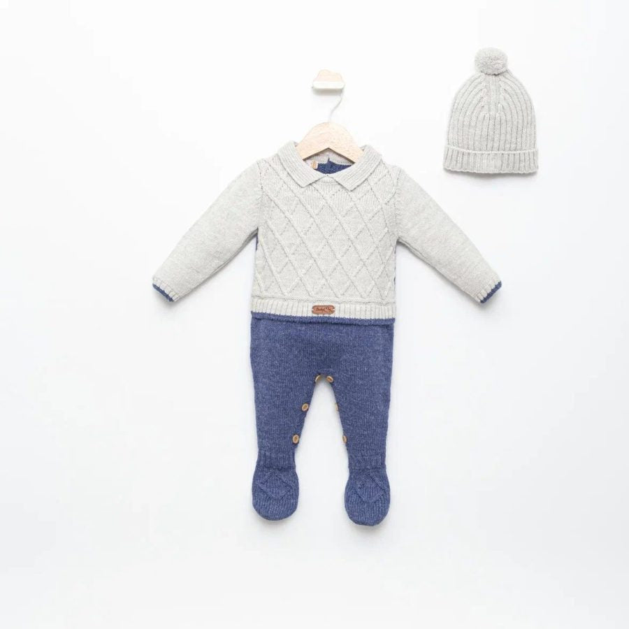 Baby Boys Knitted All in One Criss Cross Panel Romper with Hat