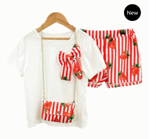Strawberry Print Shorts T Shirt and Bag Set