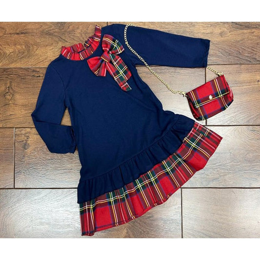 Tartan Bow Dress with Matching Bag