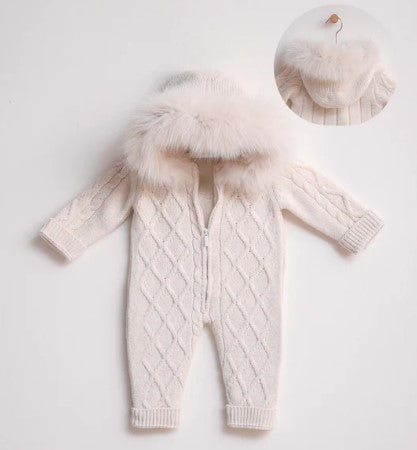 Wool Snowsuit with Fur Hood - Ivory