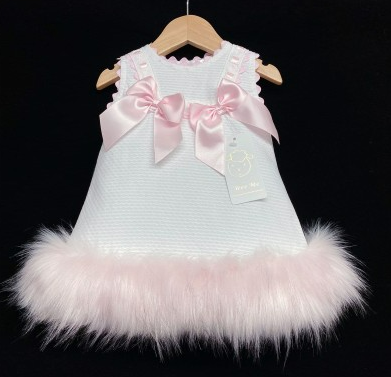 WEE ME- WHITE WAFFLE DRESS WITH PINK FUR BOTTOM